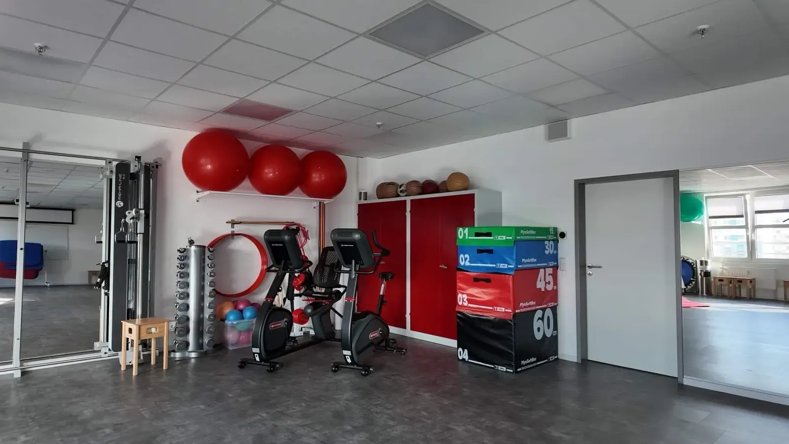 Trainingsbereich mit Geräten und Gymnastikbällen